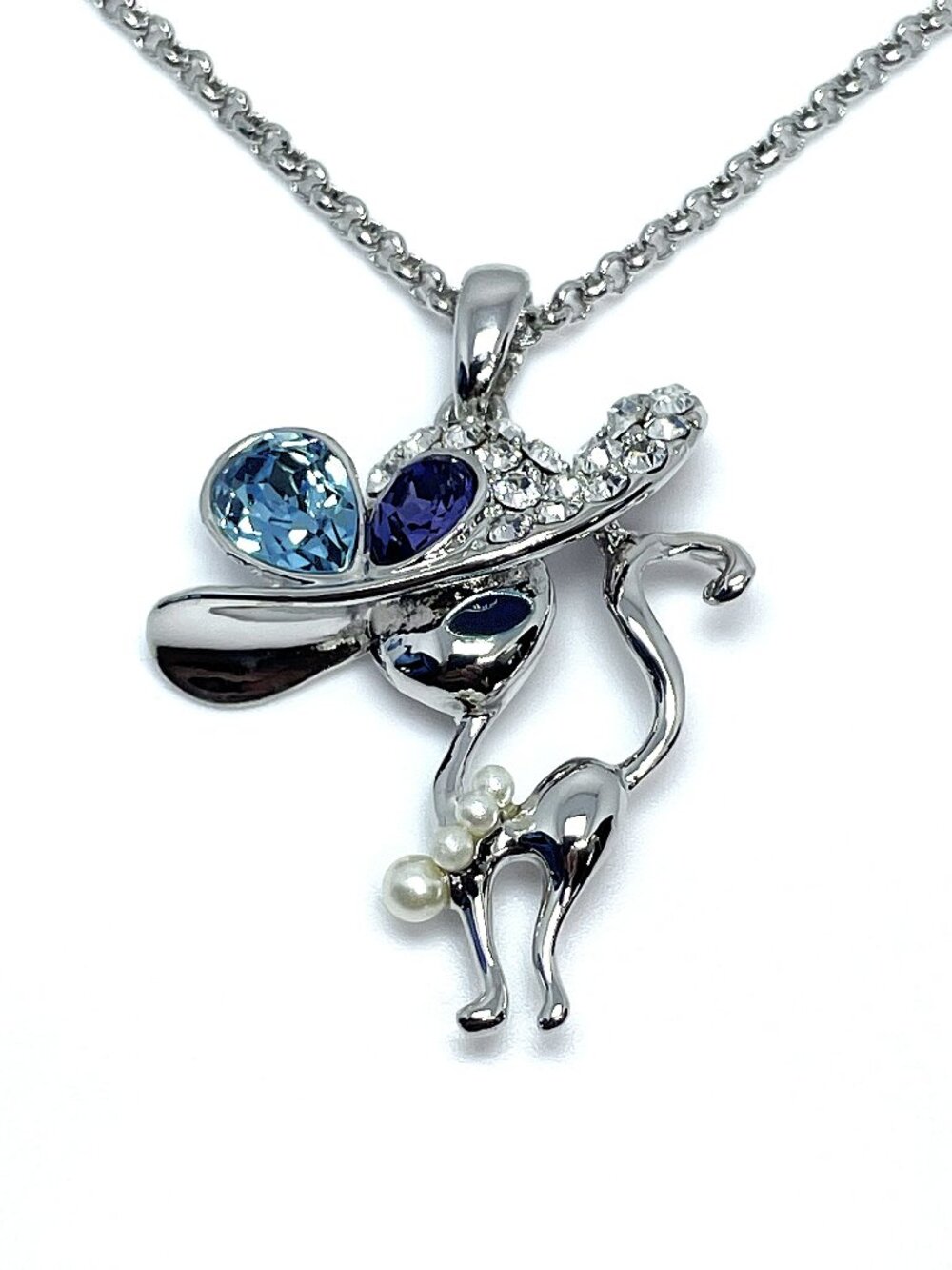 Cat Necklace with Hat, made with Crystals by Swarovski, 17.5"